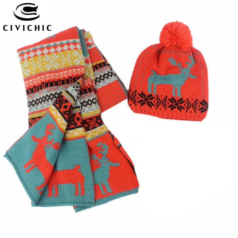 Orange 2PCS Шикарный осенне-зимний Рождественский трикотаж, шапка, шарф, перчатки, комплект из 3 предметов, теплые флисовые рождественские шапочки с помпоном, вязаные крючком шапки, шали, шапки, варежки SH115 - Цвет: Orange 2PCS