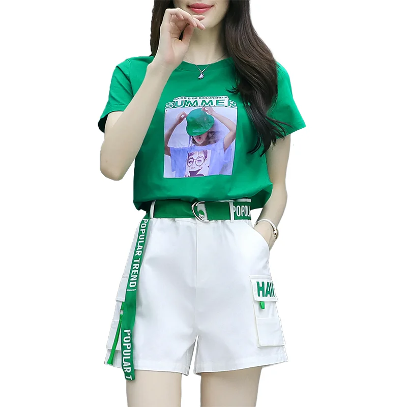 

Женские новые летние костюм Студенческая Повседневная одежда комплект из 2 предметов Женская мода печатных рубашка с короткими рукавами + с...