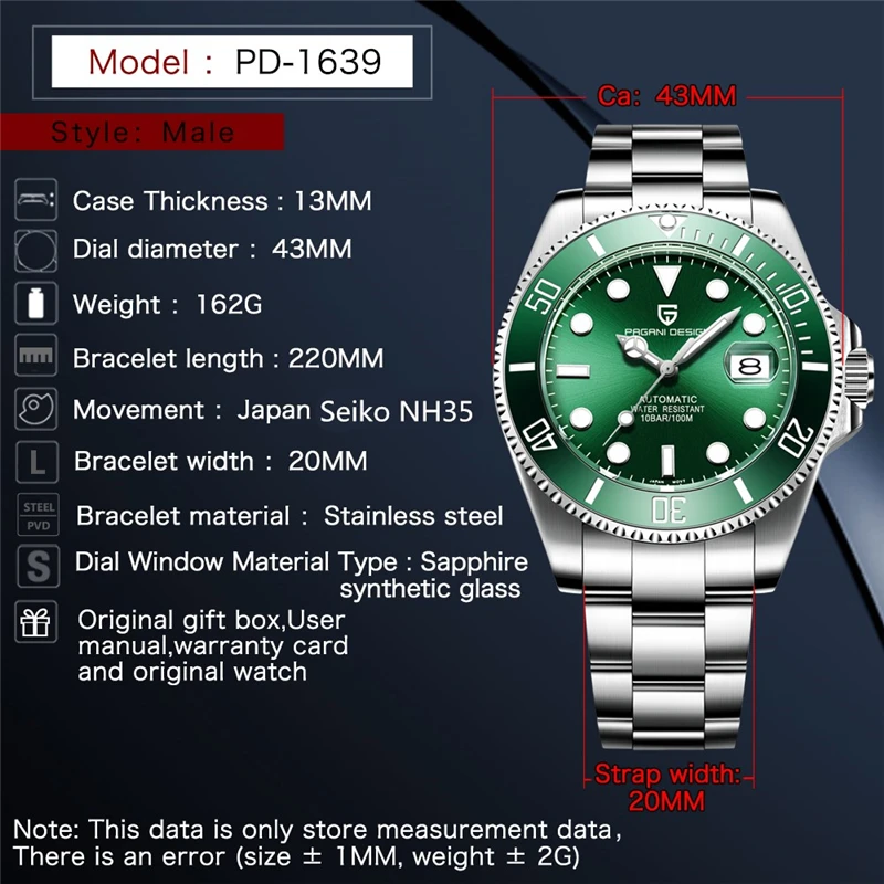 

PAGANI DESIGN Men's Automatic Watch Ceramic Bezel 100M Waterproof Mechanical Watch Luxury Sapphire Glass Stainless Steel Watch