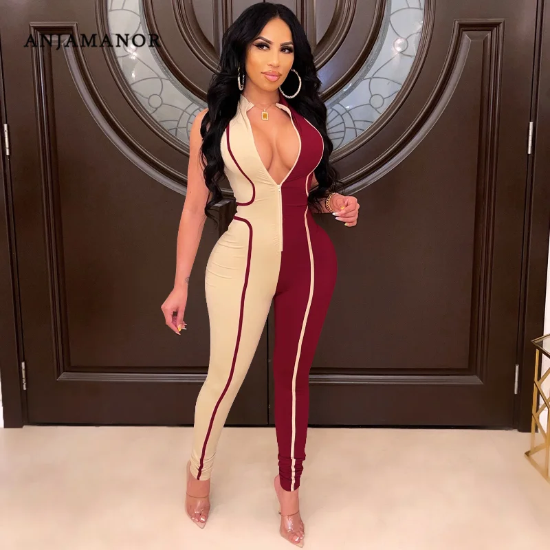 

ANJAMANOR 2021 Fashion Patchwork Zipper Sleeveless Bodycon Jumpsuit Sportswear Sexy One Piece Outfit Women Clubwear D42-DD30