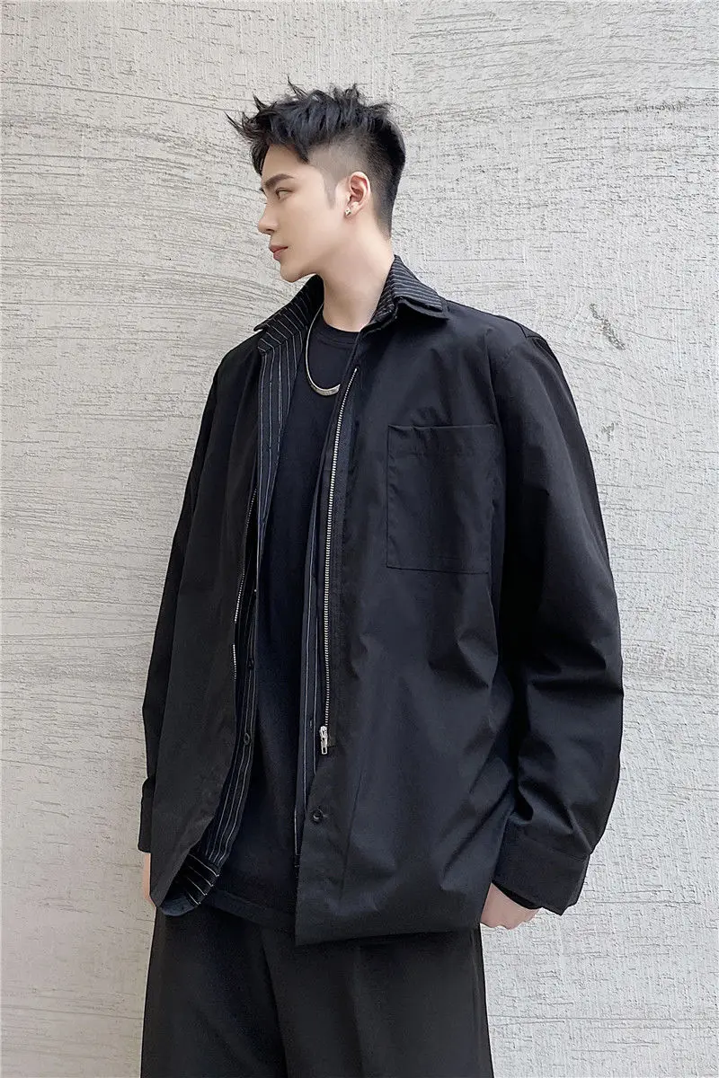 

2021 Spring And Summer New Youth Popular Loose Personality Design Stitching Fake Two-piece Shirts Fashion Casual Two-sided Tops