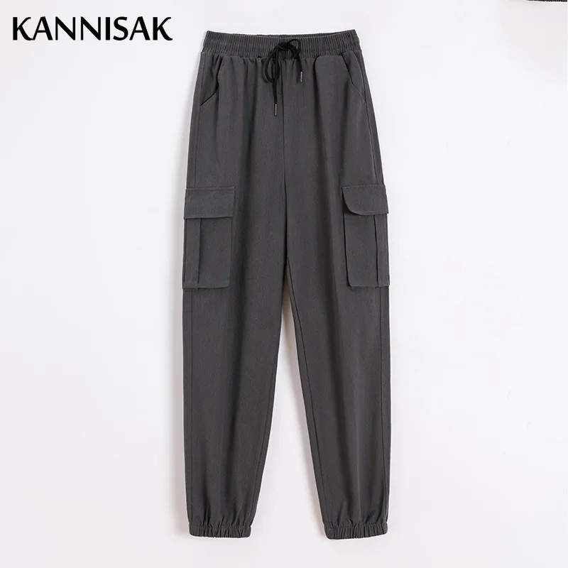 

Spring Summer New Women Pants 2021 Loose Cargo Tie Feet Bloomers Pockets Drawstring Casual Elastic Waist Full Length Trousers