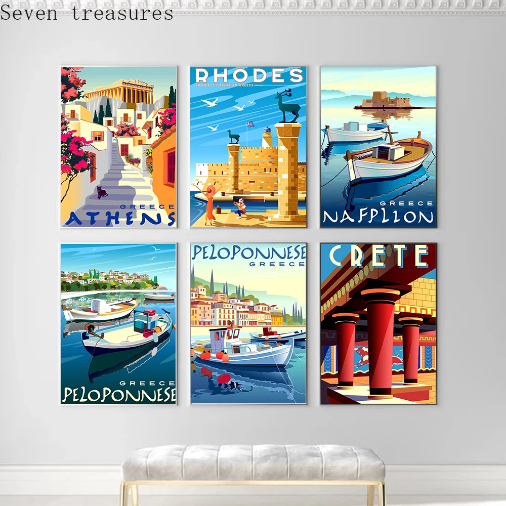 

Travel to Greece Athens Rhodes Island Canvas Painting Vintage Wall Posters Fishing Boats Seascape Gift Home Decorative Pictures