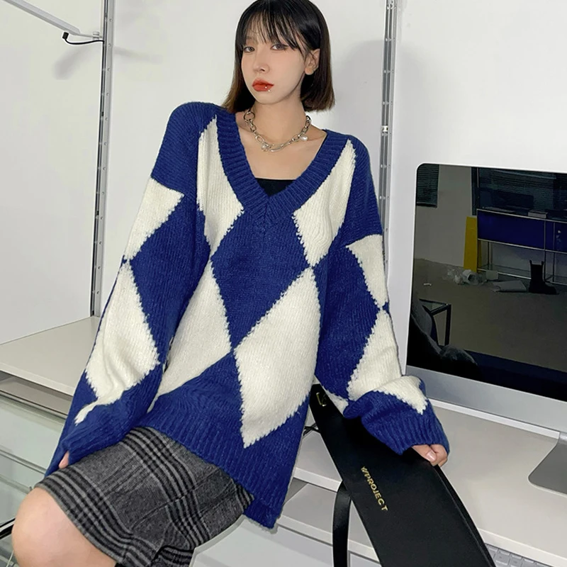 

Johnature V-neck Knitting Plaid Sweaters 2021 Winter New Loose Fashion All Match Full Sleeve Hit Color Casual Women Sweaters