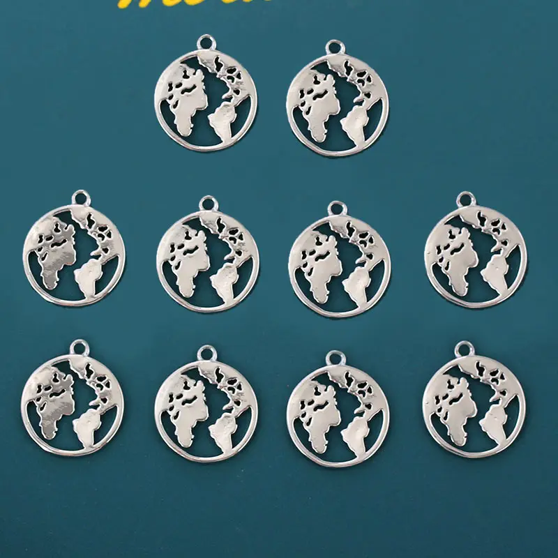 

Silver Color Metal World Map Charms Round Earth Coin Pendant DIY Making Earring Necklace Handmade Jewelry Accessories Wholesale