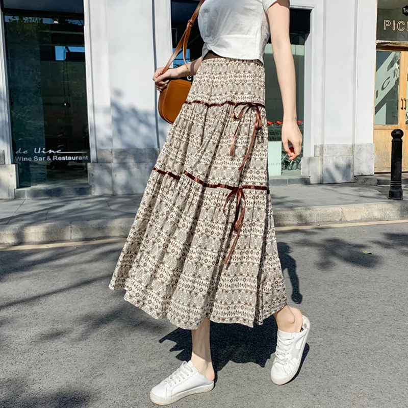

Summer Beach Holiday Skirts Retro Skirt Women 2021 New Ethnic Style High Elastic Waist Tencel Cotton Linen Printed A-line Skirt