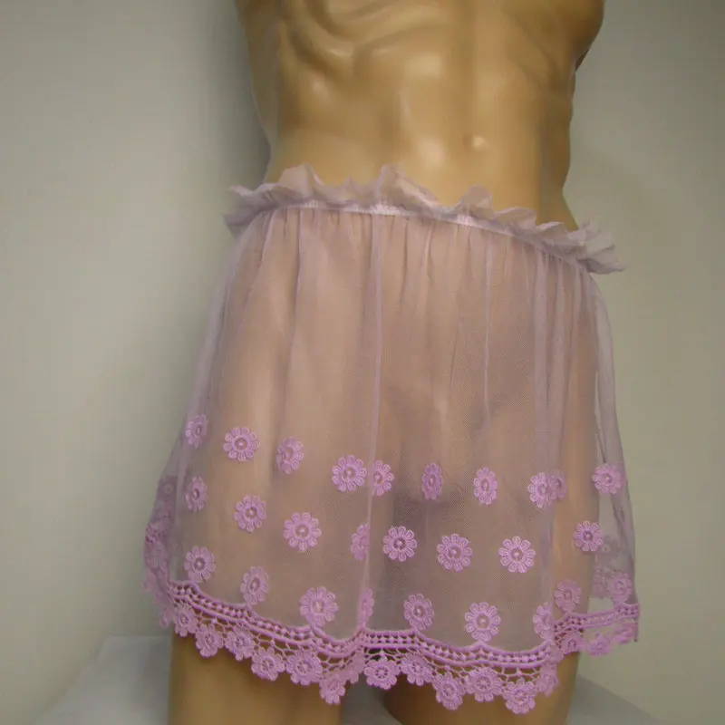 2019 Sissy юбка Мужская кружевная фиолетовая Цветочная очень мягкая бикини