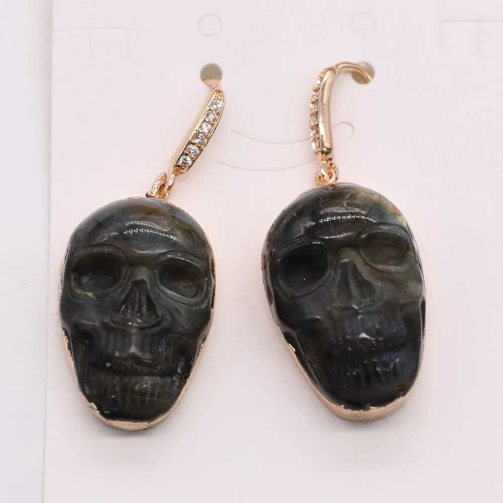 Серьги с черепом и лабрадоритом для Хэллоуина латунным крючком из фианита