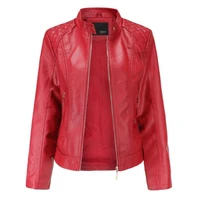 2020 leather jacket women zippers pu leather jacket mandarin collar womens faux leather jacket red biker jacket women