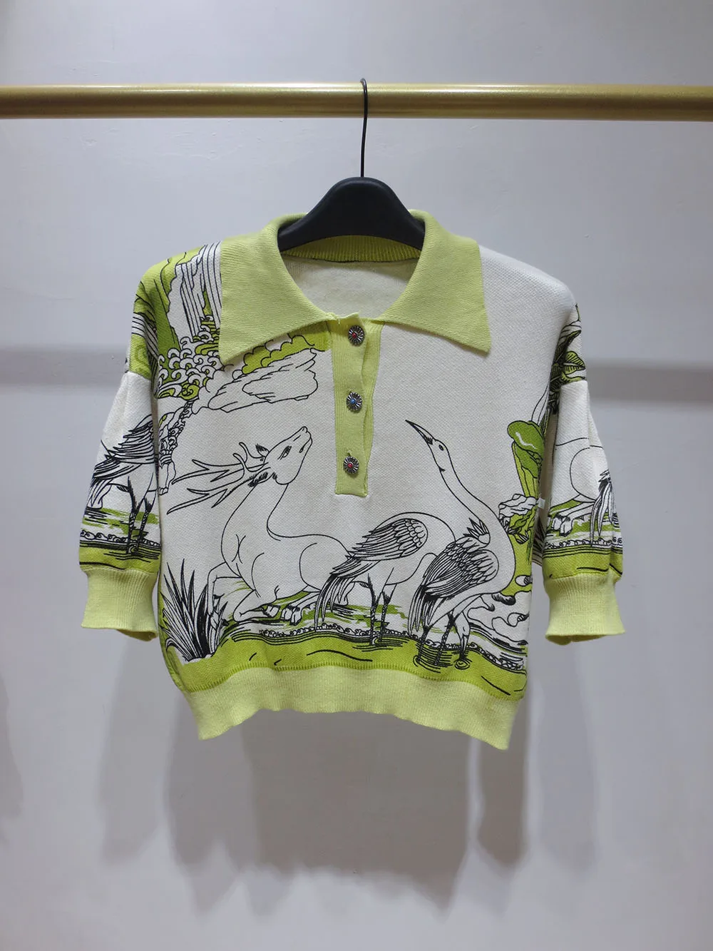 

2021 Spring Retro Artistic Style Jacquard Turn-down Collar Short Pullover Sweater Women Half Puff Sleeve Knitwear Top