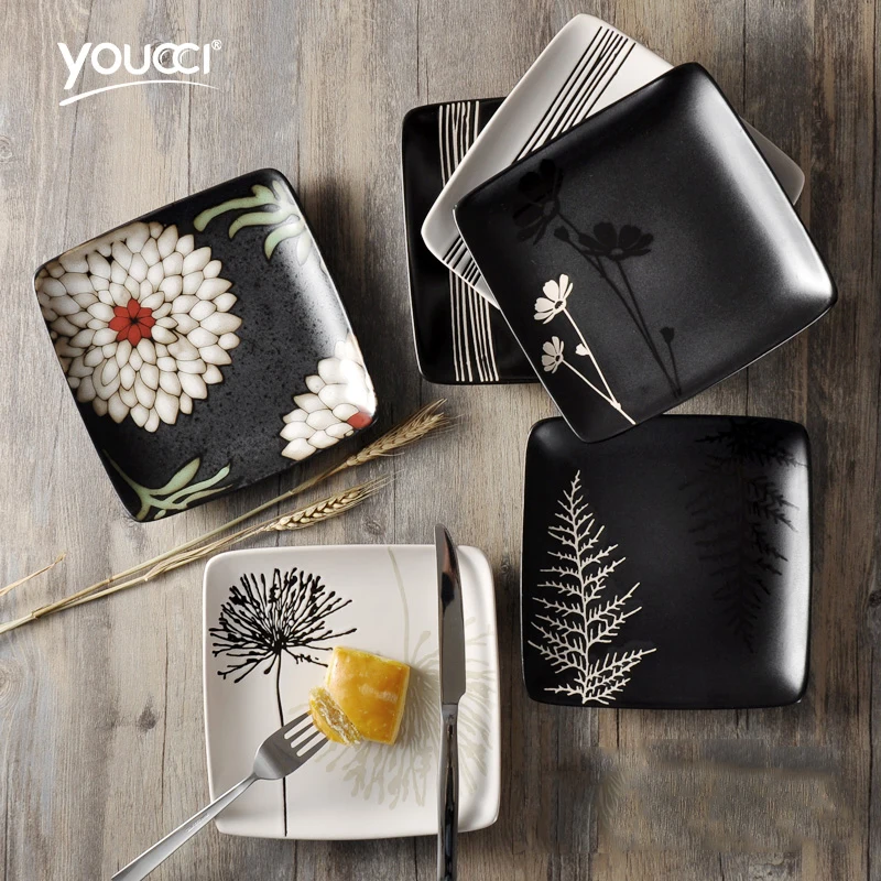 

8 inches Ceramic Food Dish Plate Japanese style Household Pottery Square Dish Salad Platter Dish Dinnerware W4551