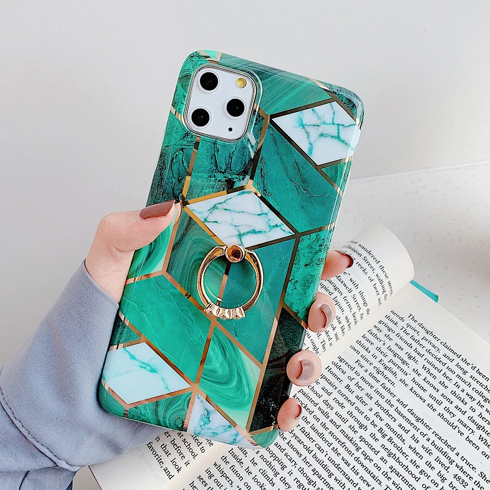 Зеленый геометрический чехол для телефона с мраморным кольцом и подставкой iPhone 11