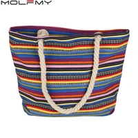 fashion ladies canvas handbag large capacity colorful striped printing shoulder beach bag for women folding top handle beach bag