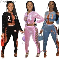 ronikasha 2021 women two piece set sequins hollow design lace up long sleeve crop top pencil pants fashion sexy night club suit