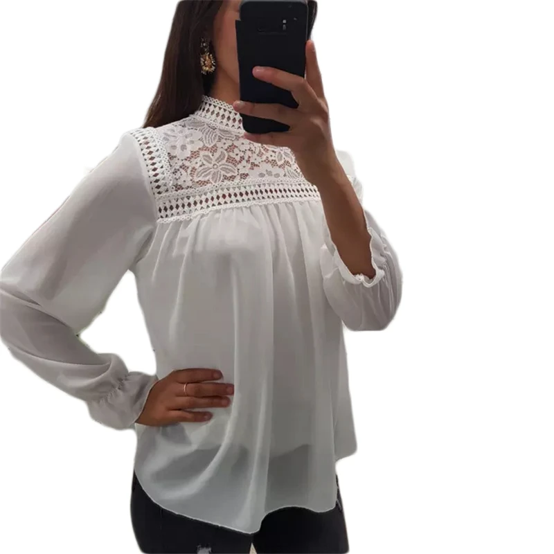Блузка женская кружевная с длинным рукавом однотонная черная белая | Женская