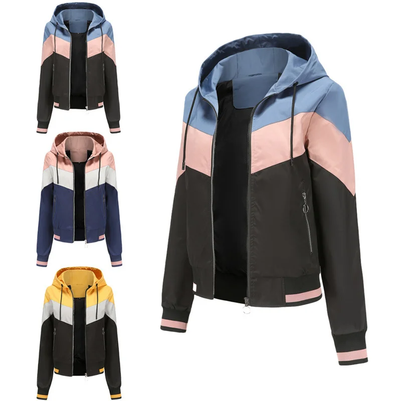 Spring Autumn Design New Women Fashion Long Sleeve Hooded Thin Trench Coat Patchwork Color Contrast Zipper Casual Jacket Outwear