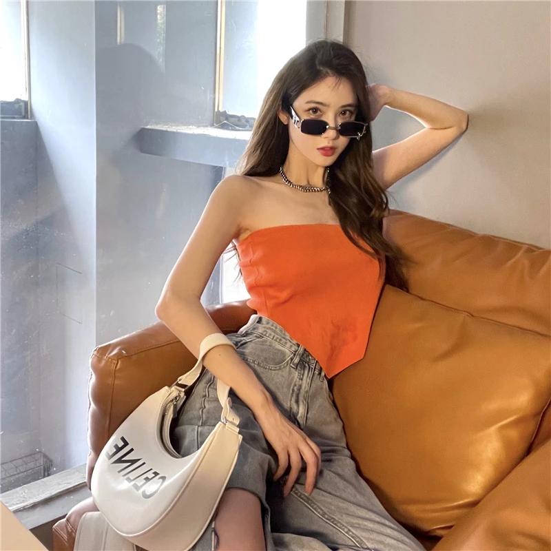 

2021 Strapless Tube Top Women's Spring Summer Outerwear Irregular Triangular Binder Wrapped Chest Inner Short Vest Knitted Top