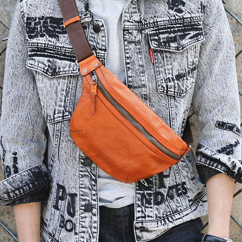 fashion daily natural genuine leather men's small chest bag simple real cowhide multifunctional waist bags crossbody bag