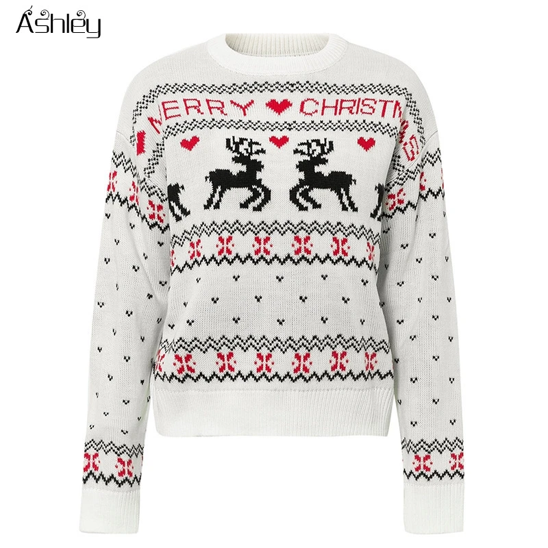 

Ashley O-neck Fashion Christmas sweaters women long sleeve Autumn winter deer print knitted female pullover Chic ladies sweater