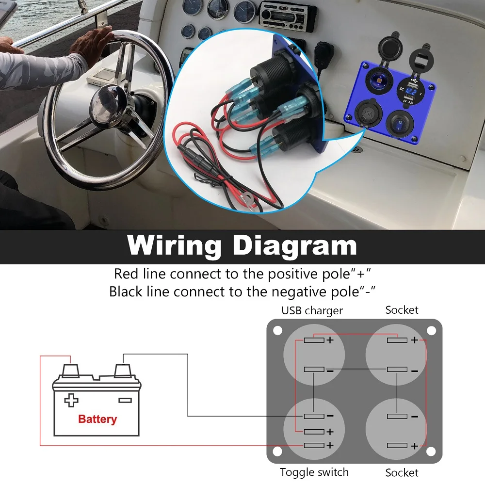 

LYKAS Car Charger Panel Dual USB Socket 12v 24v LED Voltmeter with Toggle Switch 4 in 1 Camper Motor Power Adapter USB Charger
