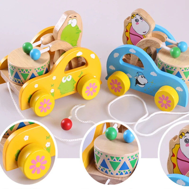 

Креативный подарок для детей, желтый/синий Деревянный Игрушечный трактор со звуком, детский раздвижной поводок, игрушечный автомобиль, игр...