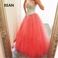 orange quinceanera dresses ball gown strapless tulle crystals beaded pretty sweet 16 dresses graduation gown