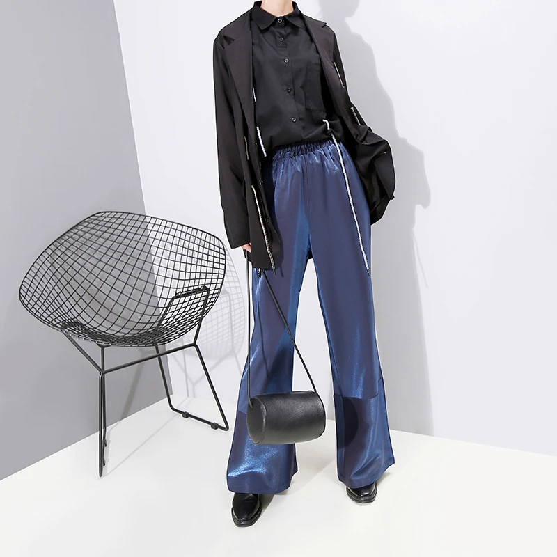 * Новинка 2019 корейский стиль женские синие длинные прямые штаны блестящие с