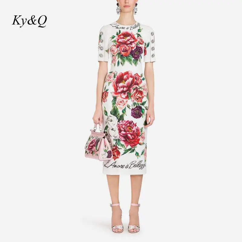 Женское винтажное платье с круглым вырезом длинное облегающее миди цветочным