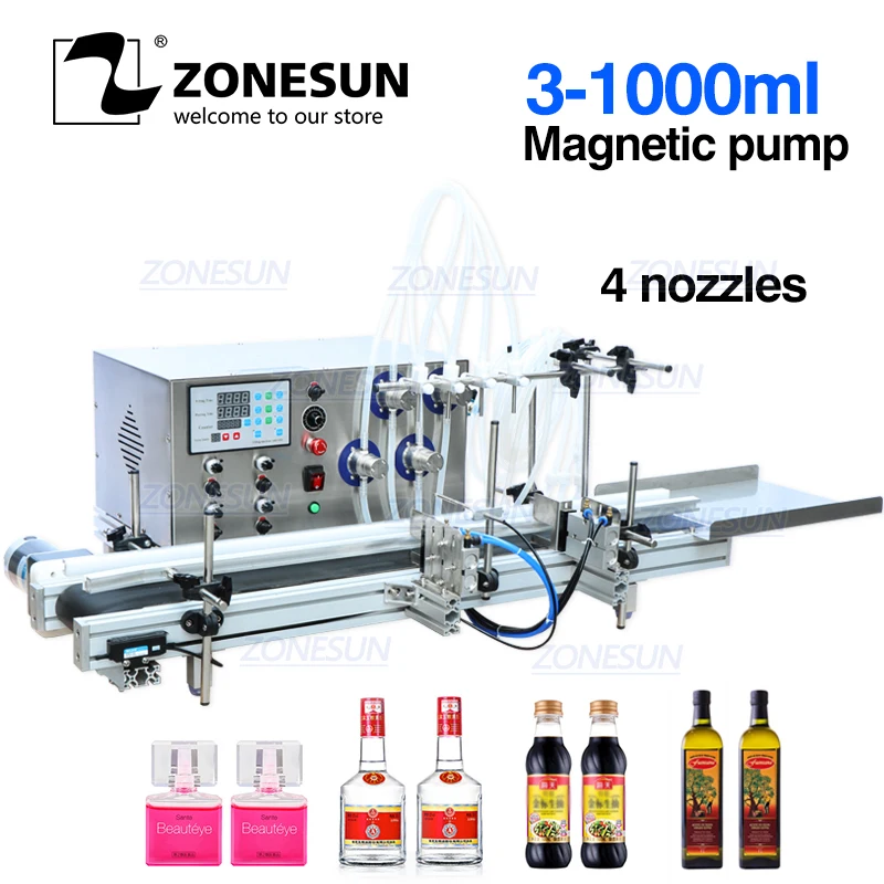 

ZONESUN 4 Nozzles Magnetic Pump Automatic Desktop CNC Liquid Water Filler With Conveyor For Perfume Alcohol Hydrogen Peroxide