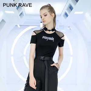 Женская Асимметричная футболка, Повседневная Сетчатая футболка с вышивкой и надписью в стиле панк