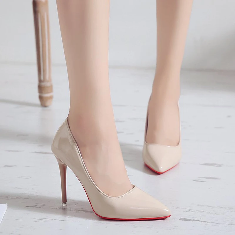 

Women Nude Color Small Fresh High Heels Patent Leather Stiletto Single Shoes Sexy Pointed Pumps Tacones Mujer Platform Heels