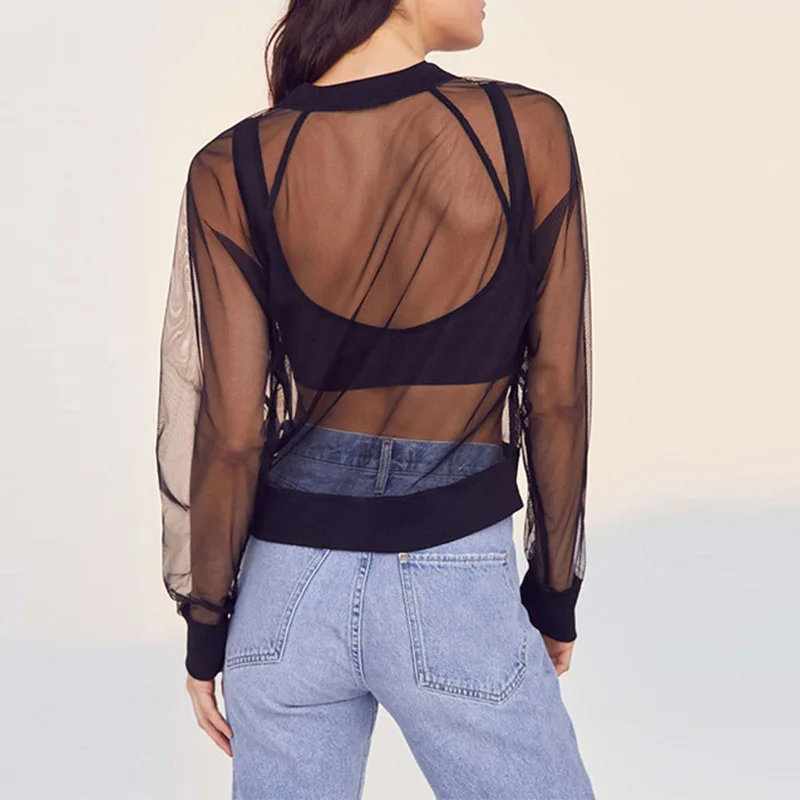 

Sexy Transparent Mesh Sheer Jackets 2019 Summer Thin Long Sleeve Brief Outwears Women Zipper Beachwear Coats