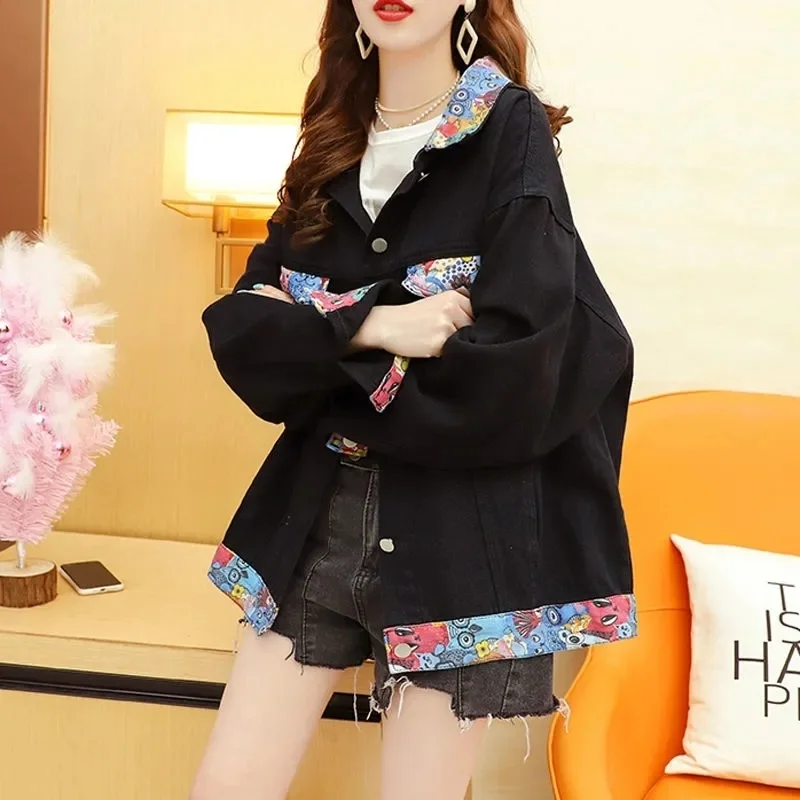 

Vintage Printed Patchwork Denim Jacket Lapel Long Sleeve Jeans Jacket Spring Autumn Casual Loose Beige Black Female Basic Coat