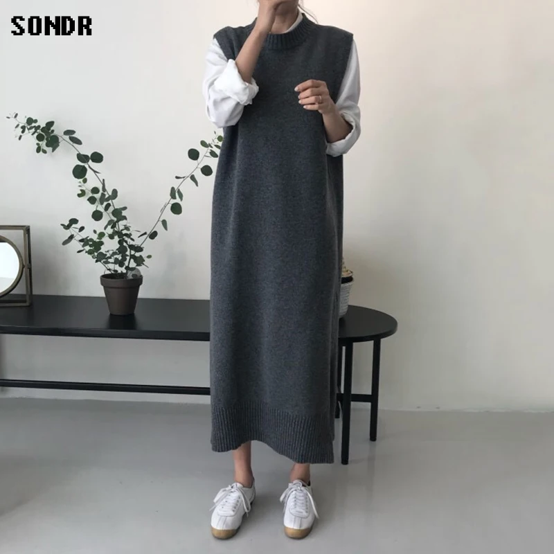 

Korean Women'S One-Piece Dresses 2021 Autumn Round Neck Loose Sleeveless Sweater Dress Vest Knitted Dress Vestido Largo De Mujer