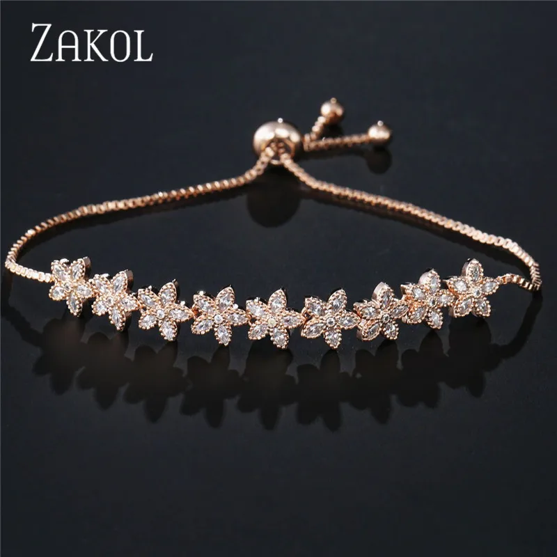 Rose Gold COlor Бренд ZAKOL микро проложить настройки кубического циркония кристалл цветок браслеты с регулируемым скользящим замком для женщин или свадьбы FSBP2079 - Окраска металла: Rose Gold COlor