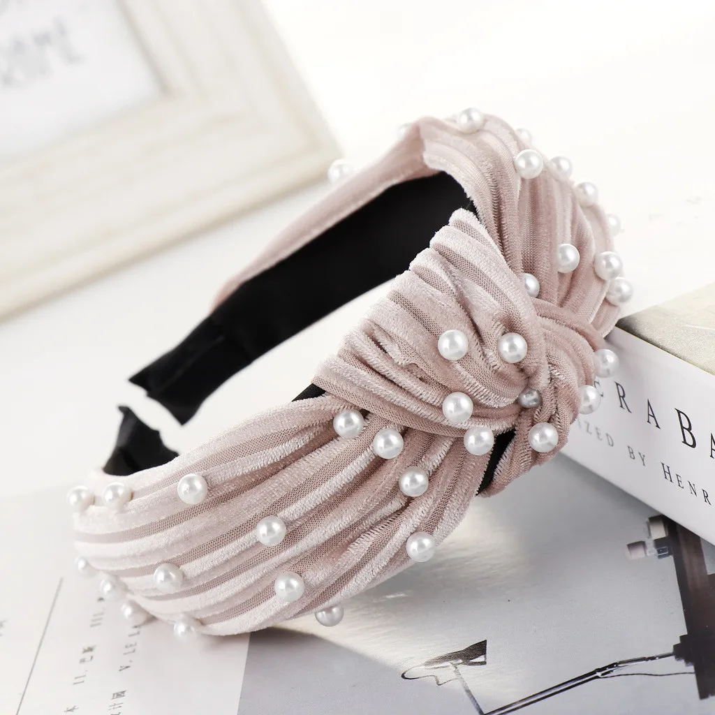 Женская фланелевая лента для волос украшенная бусинами и бантом однотонная