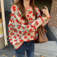 2021 women casual knit sweater cherry print long sleeve round neck loose pullover tops fall winter knitwear e girls streetwear