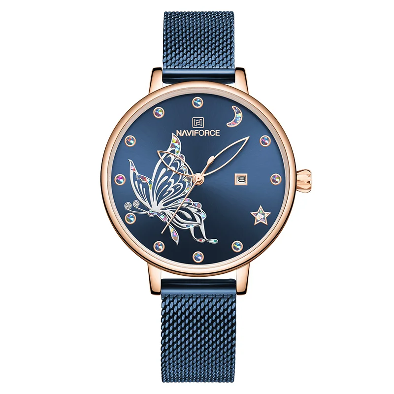 Rose Gold Blue NAVIFORCE роскошные часы с кристаллами для женщин Топ бренд розовое золото сталь сетка женские наручные часы браслет девушка часы Relogio Feminino - Color: Rose Gold Blue