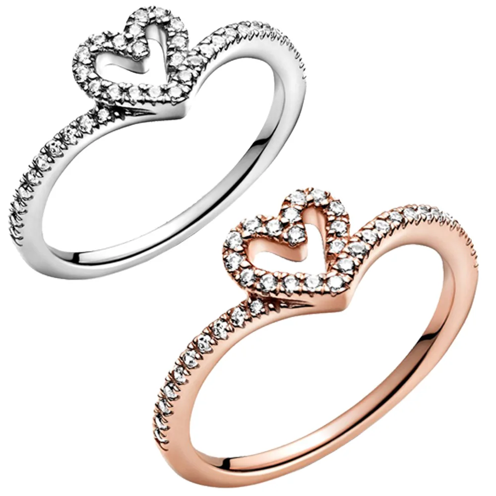 

2021 NEW 925 Sterling Silver Rings Sparkling Wishbone Heart Ring Women Engagement Anniversary Original Jewelry Making