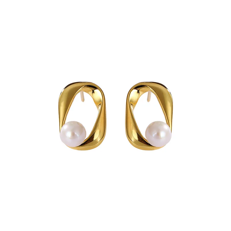 

925 sterling silver gold plated natural freshwater pearl ear studs personality fashion geometry pattern women's earrings