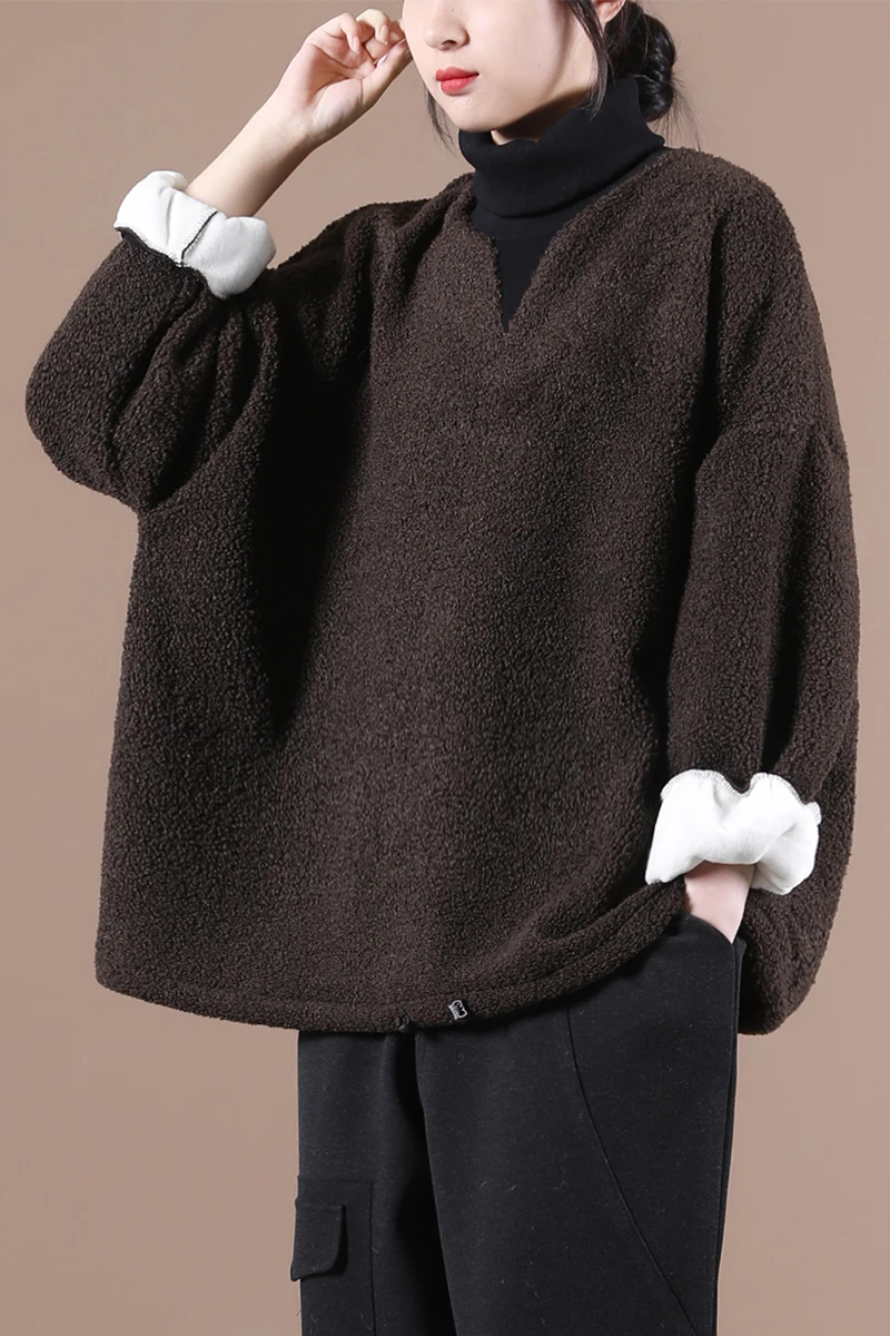 

Female new autumn and winter Korean style plus size hem drawstring collar stitching lamb wool loose thick sweatershirt