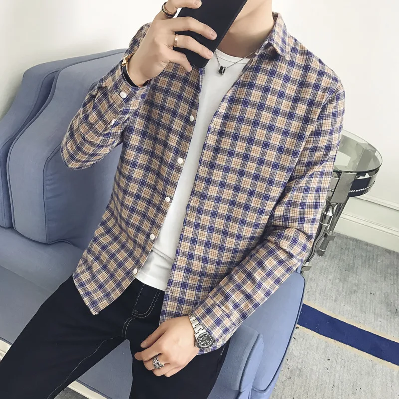 

UYUK New Autumn Japanese Long-sleeved Men's All-in-one Plaid Single-breasted Shirt Casual Slim Loose Fashion Homme