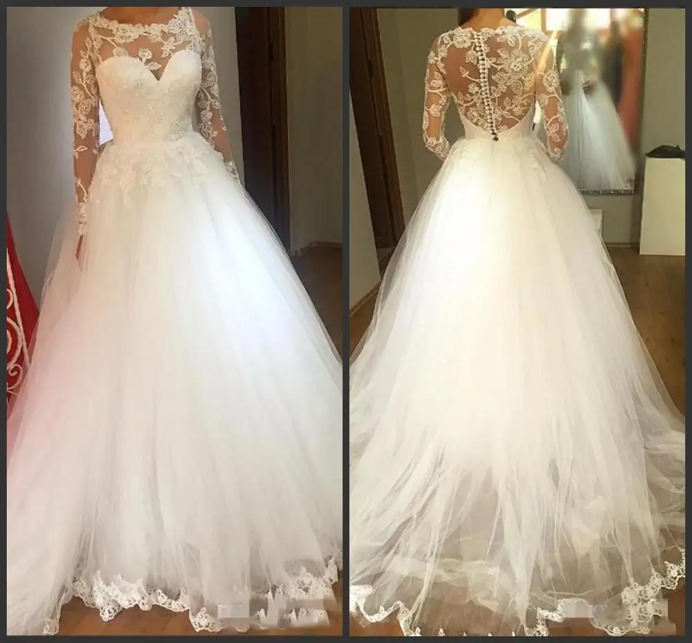 Изысканное свадебное платье с длинным рукавом белое кружевной аппликацией