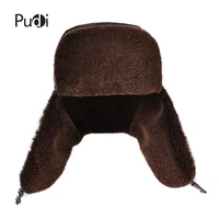 hl174 genuine leather mens bomber hats with earlflap russian winter faux fur earmuffs caps brown black colors