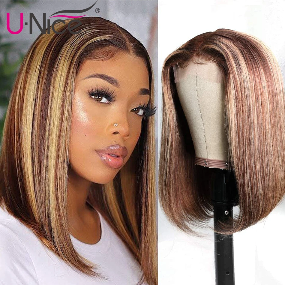 

Unice Short Highlight Bob Straight Lace Part Human Hair Wig 150% Density Remy Pre-plucked Brazilian Honey Blonde Lace Bob Wig