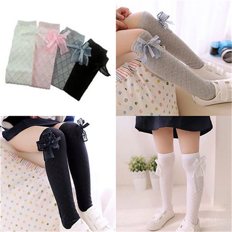 New Tights School High Knee Gridding Bow Stockings Girl Classic Cotton Stockings 4 Colors