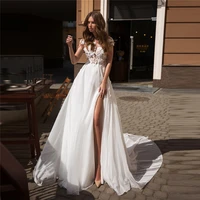 sheer scoop short sleeves lace appliques top chiffon skirt wedding dress sexy backless split side bridal gowns 2021 beach