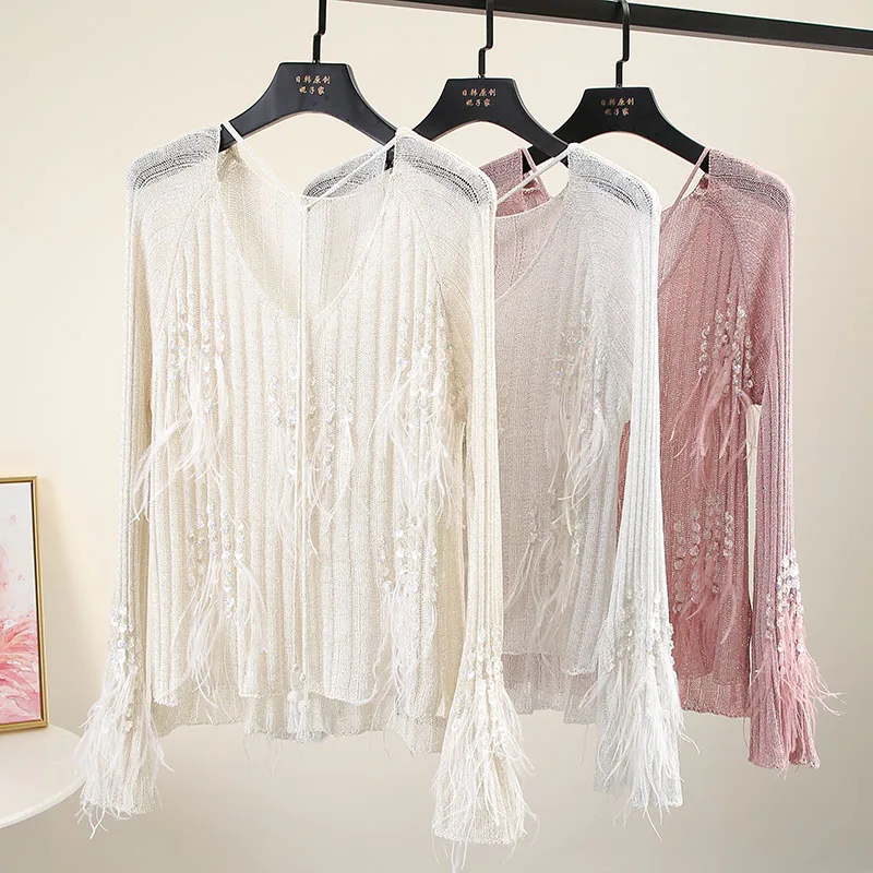 Украшенный перьями свитер женский с пайетками тонкий v-образный вырез отделка