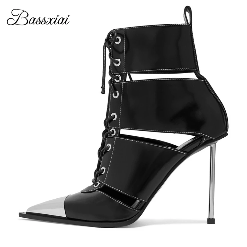 

Metal Decor Point Toe Runway Botas Mujer Thin Heel Cross-Tied Black Real Leather Cut Out Autumn Short Boots Women