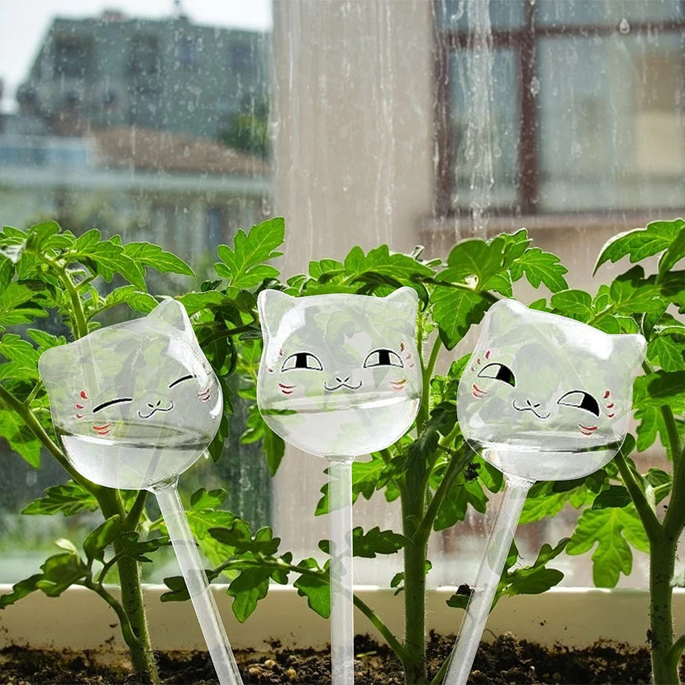

3Pcs Glass Plant Watering Device Automatic Plant Watering Flowers Feeder Cat Head Shape Lazy Self Watering Equipment Garden Tool